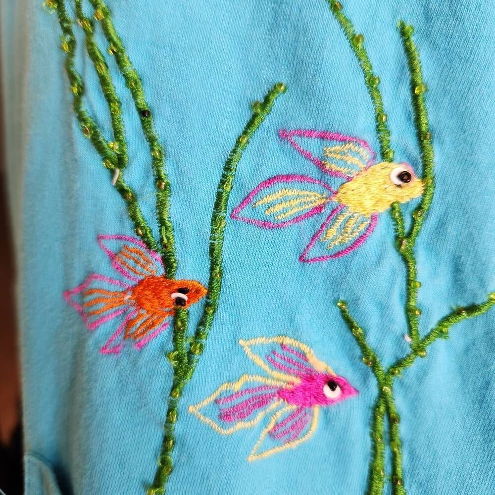 Women's blue vintage fish sequin embroidered pullover t-shirt dress small to med - Picture 8 of 8